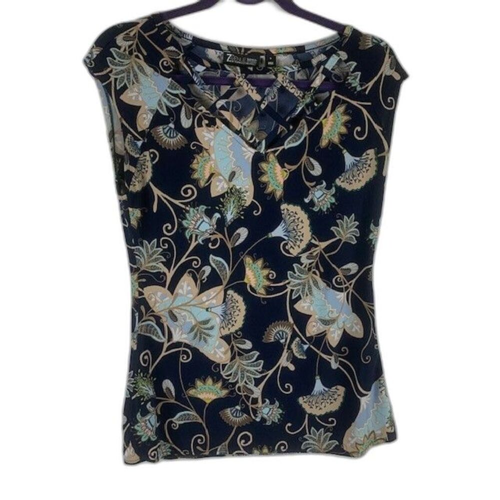 7th Avenue Size Small Womens Top Sleeveless V Neck Black Floral Print